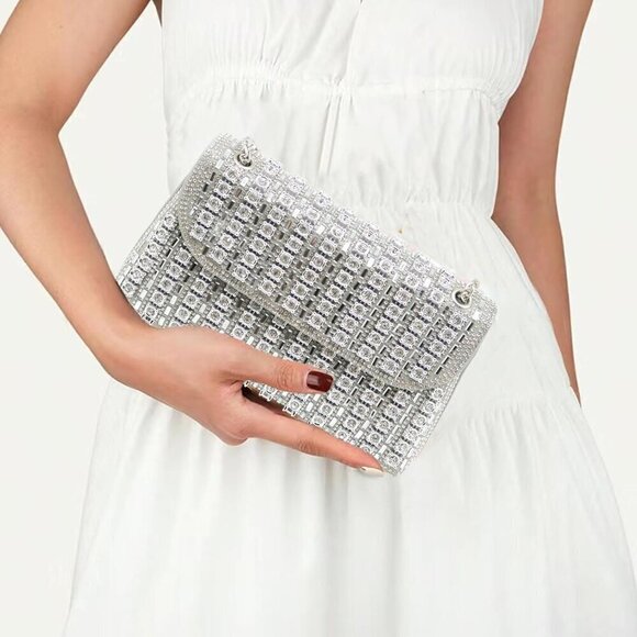 Women Silver Sparkly Rhinestone Cocktail Diamond Bag